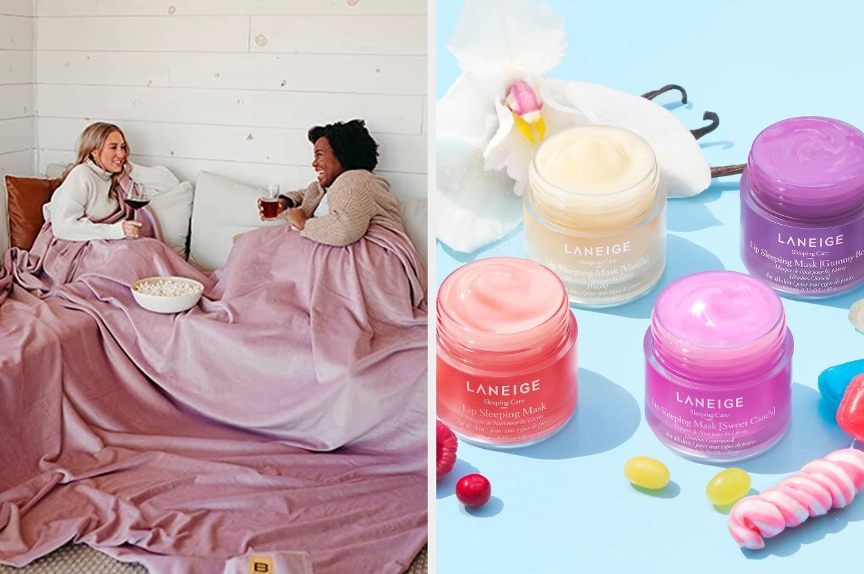 Two people cozy in blankets chatting next to skincare products in jars, surrounded by candies. Image promotes relaxing and self-care products
