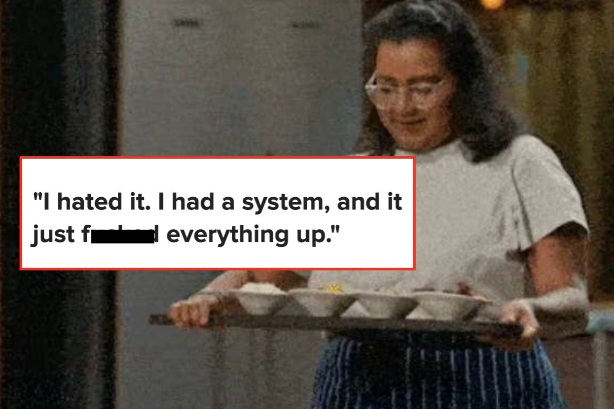 A person carrying a tray looks down, with the text overlay: "I hated it. I had a system, and it just [messed] everything up."