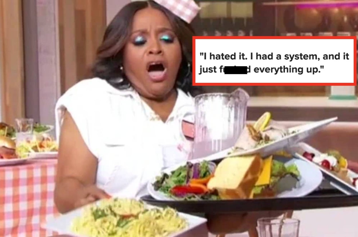 Woman reacting with surprise, holding a tray with spilled food. Text discusses disliking a system that caused chaos