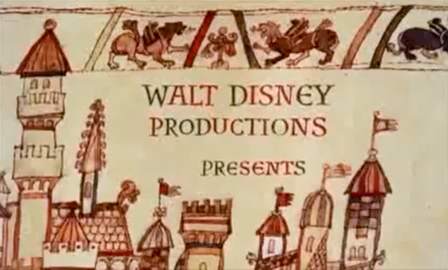 Illustrated medieval-style castle with "Walt Disney Productions Presents" substance   above, adorned with decorative carnal  motifs