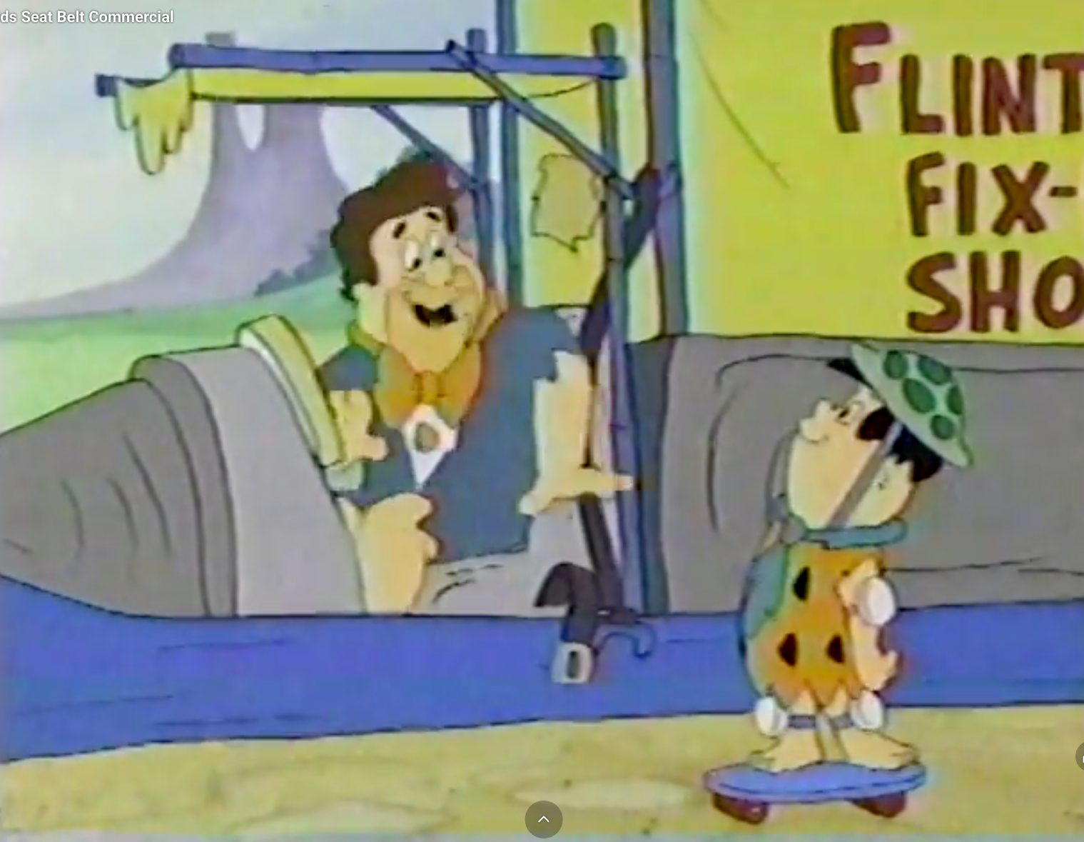 Animated country with Fred Flintstone talking to a quality astatine the "Flint Fix-Shop." A kid connected a skateboard listens nearby