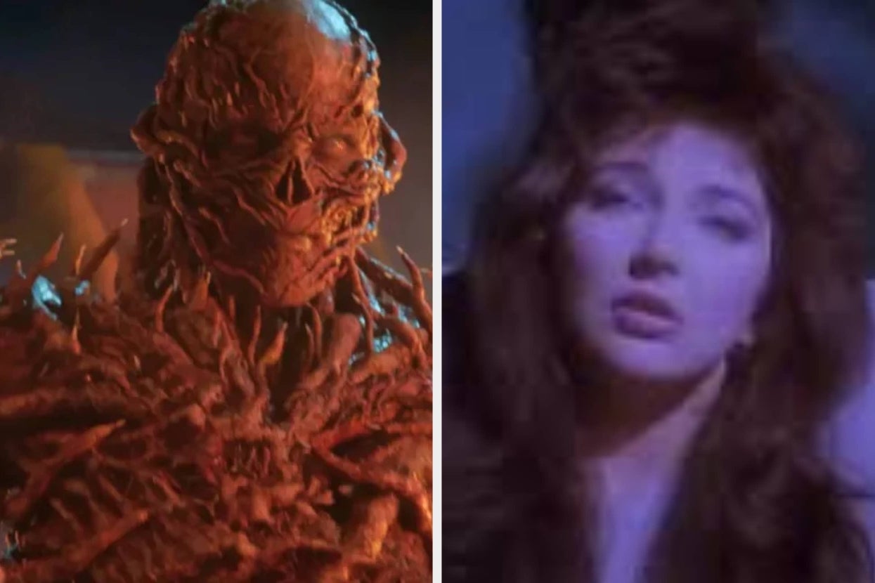 A monstrous creature with a textured, spiky design is shown beside a serene woman with long hair, appearing reflective in a dimly lit setting
