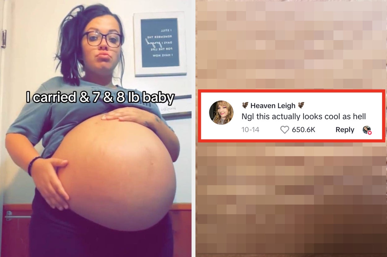 Person holding their prominent belly, caption states they carried a 7 and 8-pound baby. Right side is pixelated