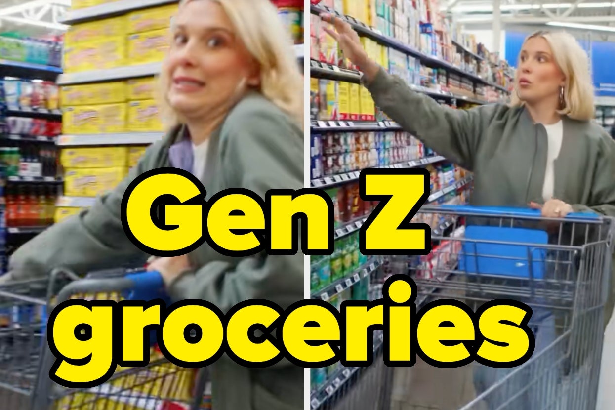 Person in a supermarket, pushing a cart and reaching for groceries. Text says "Gen Z groceries."