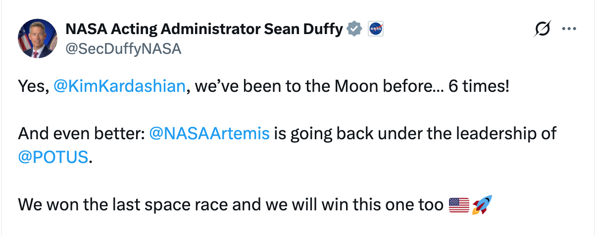 @NASAArtemis is going back under the leadership of @POTUS. We won the last space race and we will win this one too"