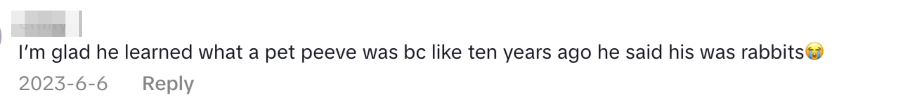 "I'm glad he learned what a pet peeve was because like ten years ago he said his was rabbits"