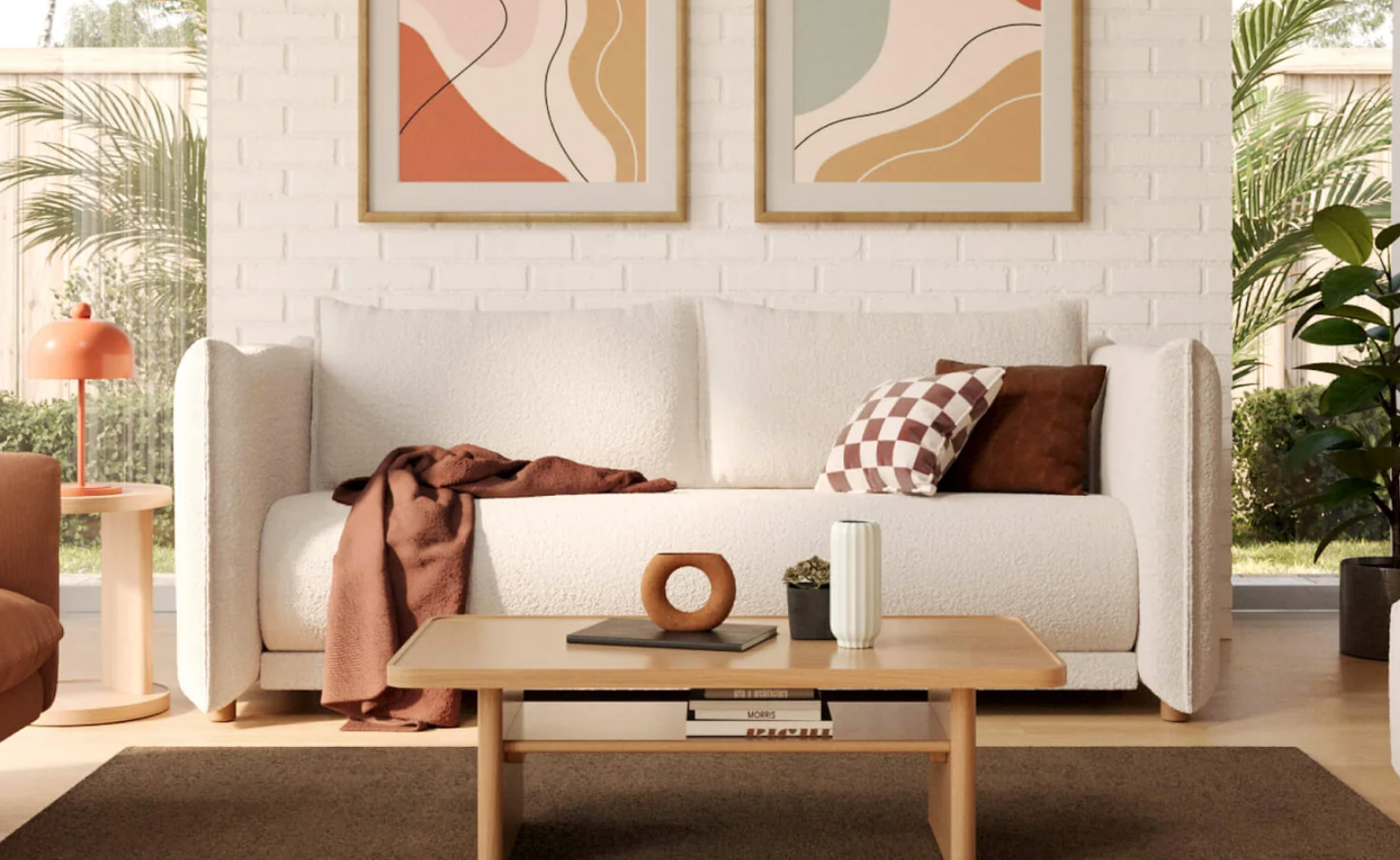 Modern surviving  country   with a achromatic  sofa, abstract art, and a woody  java  table. Cozy propulsion  and cushions adhd  warmth