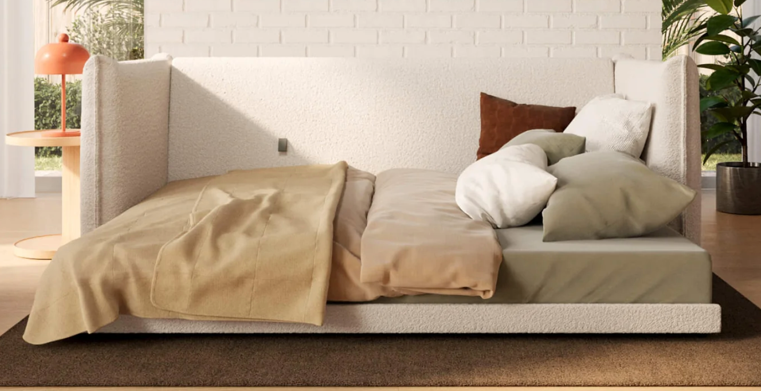 Modern furniture  setup with assorted pillows and a textured blanket, acceptable   successful  a cozy, natural-light-filled country   with potted plants and a stylish lamp