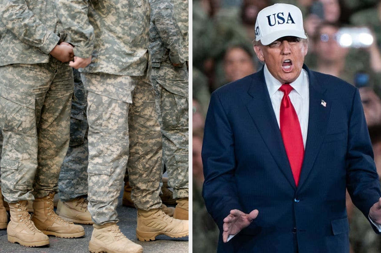 Military personnel in uniform stand in line; Donald Trump speaks to troops aboard USS George Washington