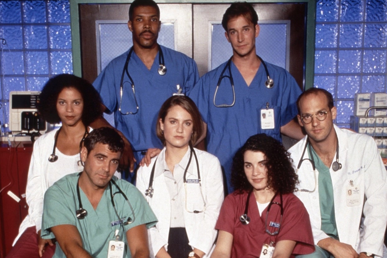 "ER" cast members Gloria Reuben, George Clooney, Eriq La Salle, Sherry Stringfield, Noah Wylie, Julianna Margulies, Anthony Edwards