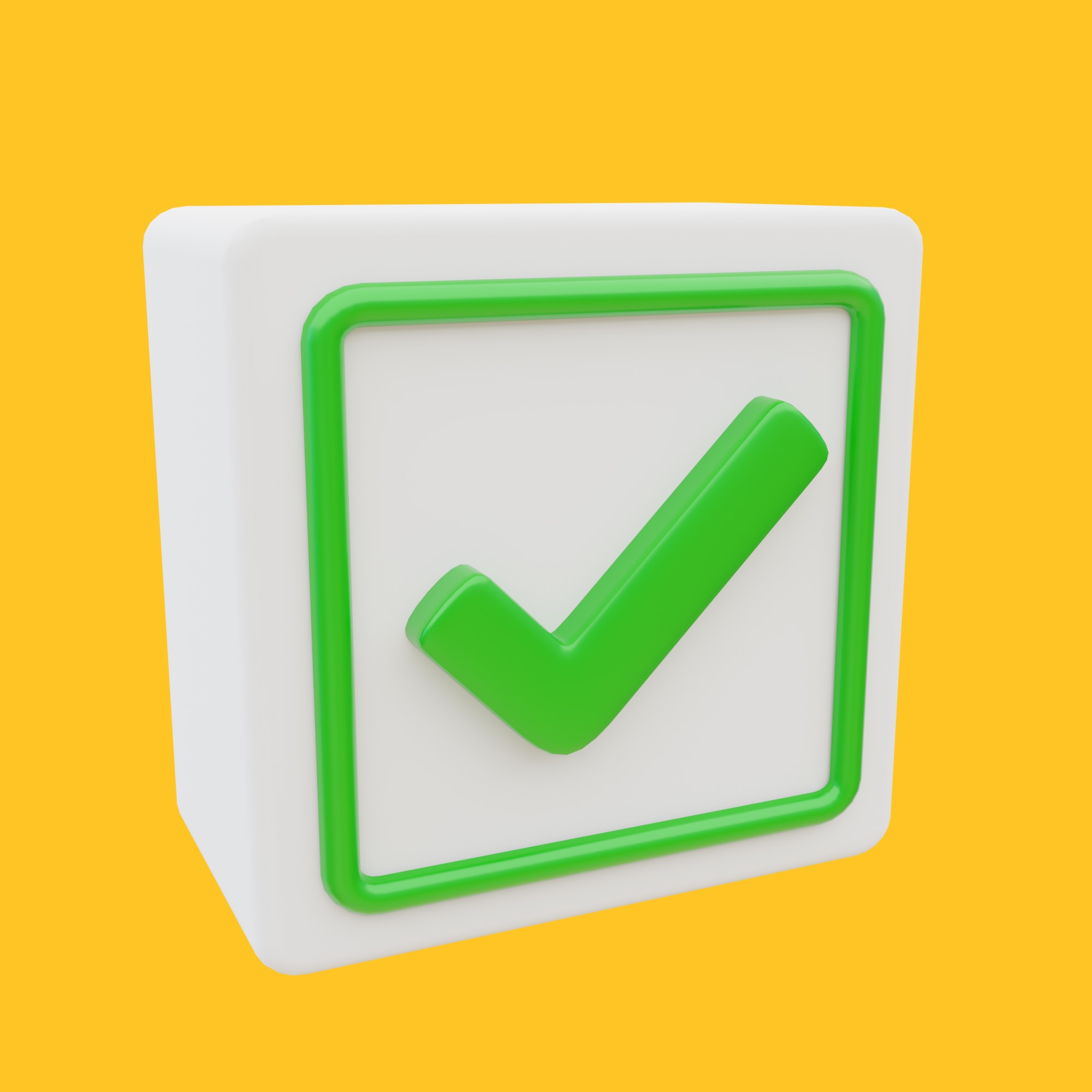 3D-blokk med en grønn hake på det ene ansiktet, satt mot en gul bakgrunn