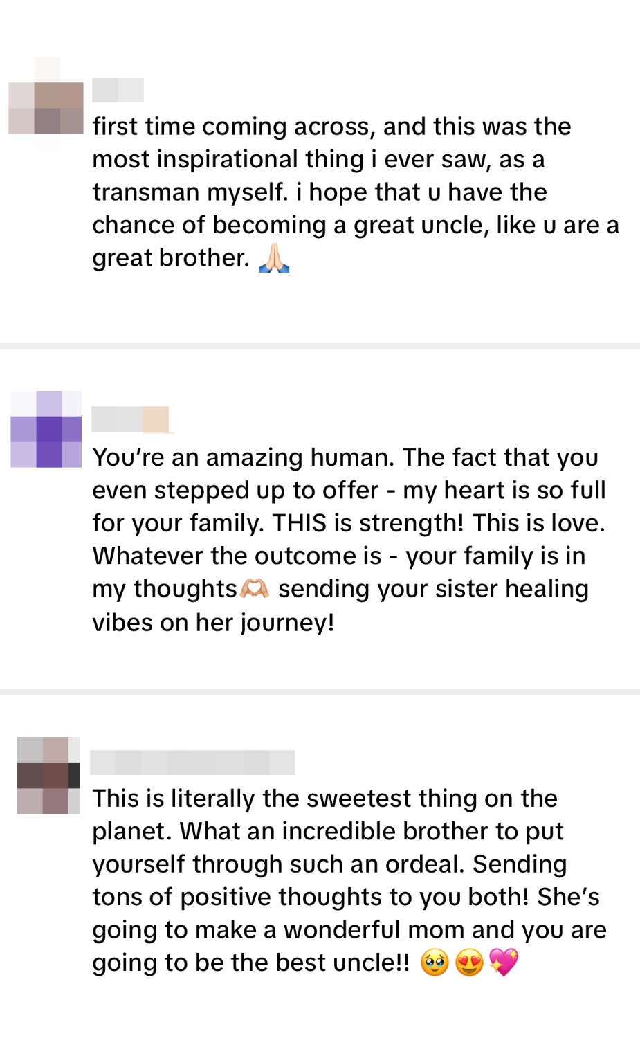 Bilde som viser oppriktige kommentarer om en transmann som blir onkel, berømmer hans styrke og familiestøtte, med ønsker om en fantastisk reise