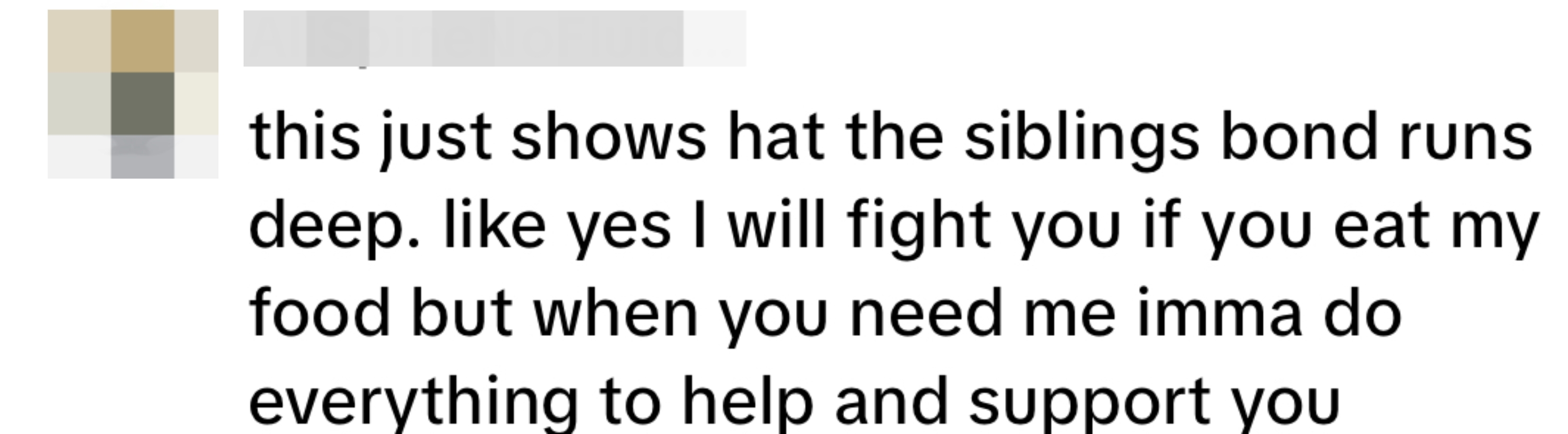 Tekstskjermdump med et humoristisk budskap om søskenbånd, med vekt på støtte til tross for erting