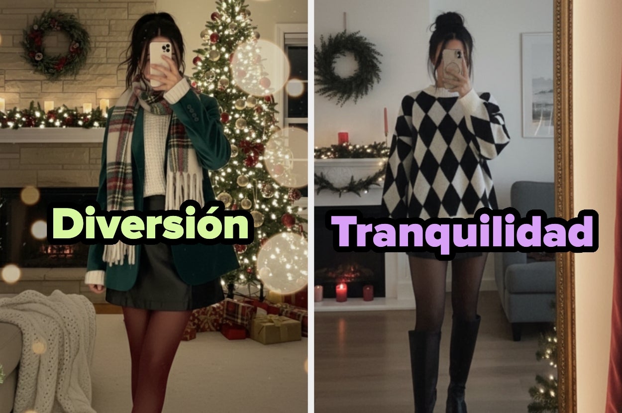 Left: Person in a festive setting, wearing a plaid scarf and a teal coat. Right: Person in a cozy living room, wearing an argyle sweater and boots