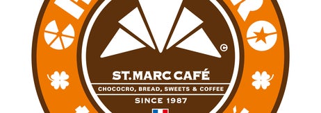 サンマルクカフェのロゴ。チョコクロ、パン、スイーツ、コーヒーを提供。1987年創業。フランス国旗のアイコン付き。