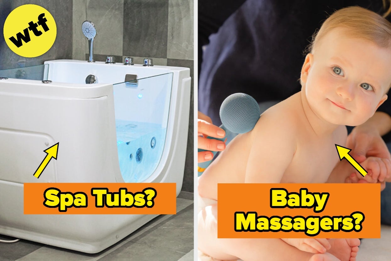 Split image: Left, a spa tub; right, a baby with a small massager