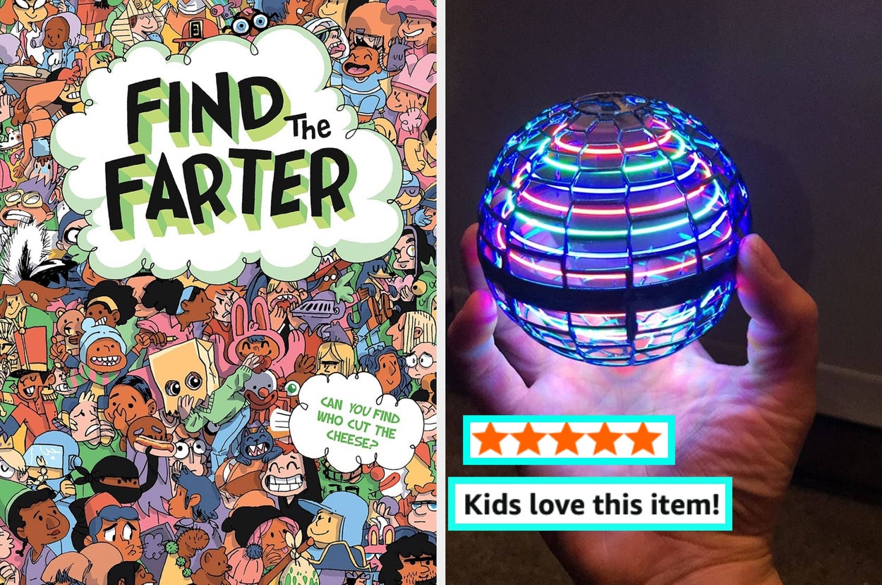 Left: "Find the Farter" children's book cover with various cartoon characters. Right: glowing orb