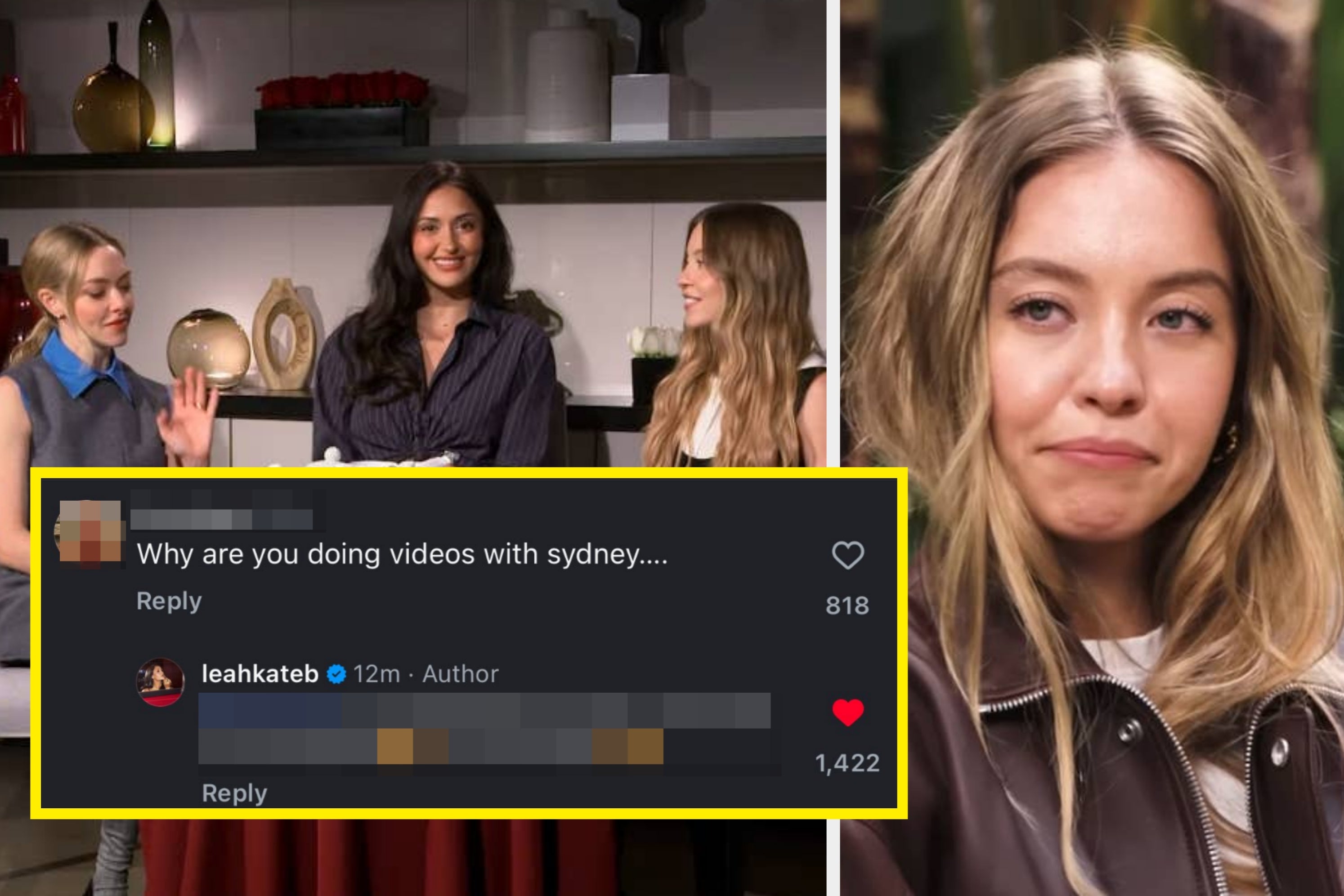 Four people in a talk show setting; inset screenshot of a social media comment asking about videos with Sydney