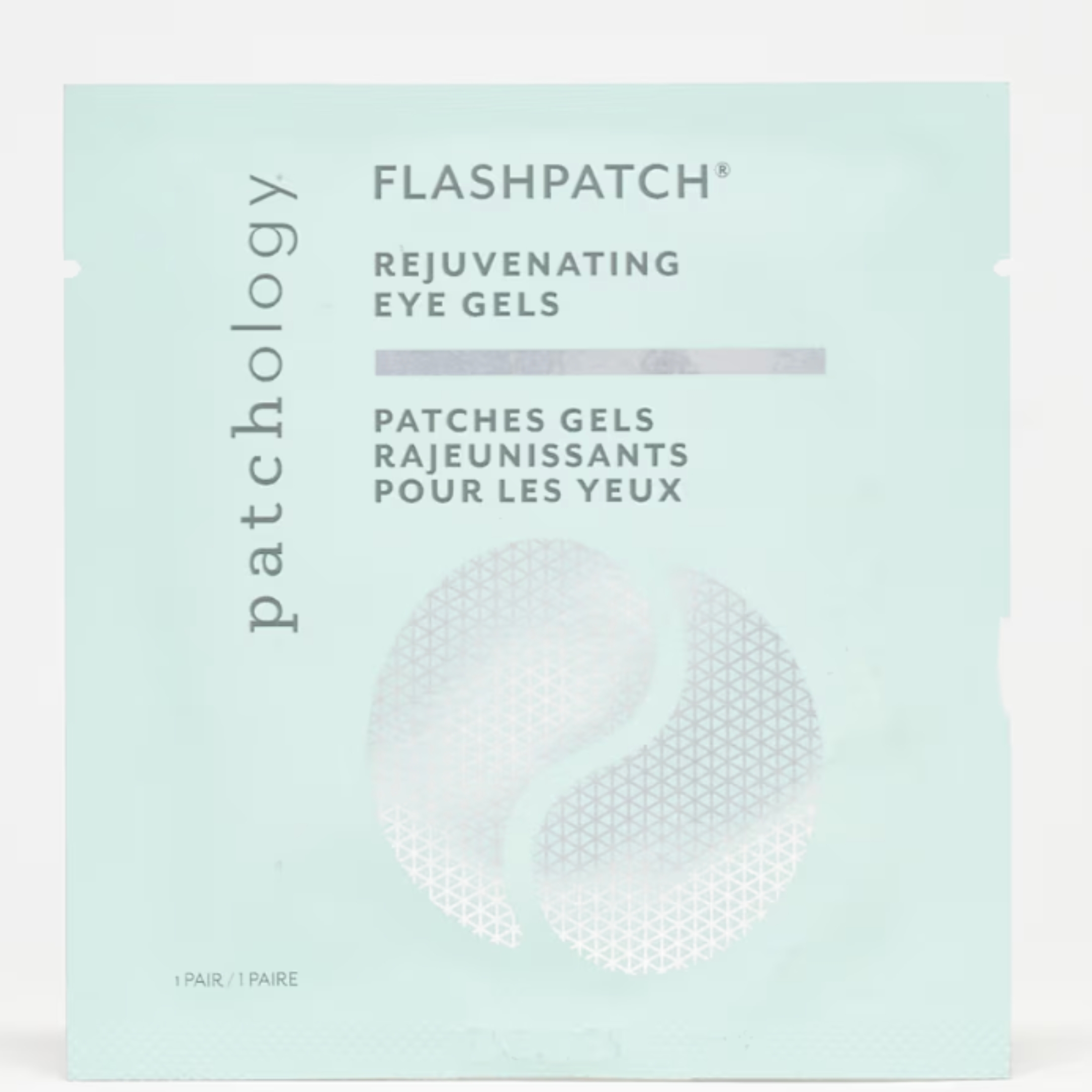 Packaging for Patchology FlashPatch Rejuvenating Eye Gels, featuring merchandise  sanction  and bilingual text