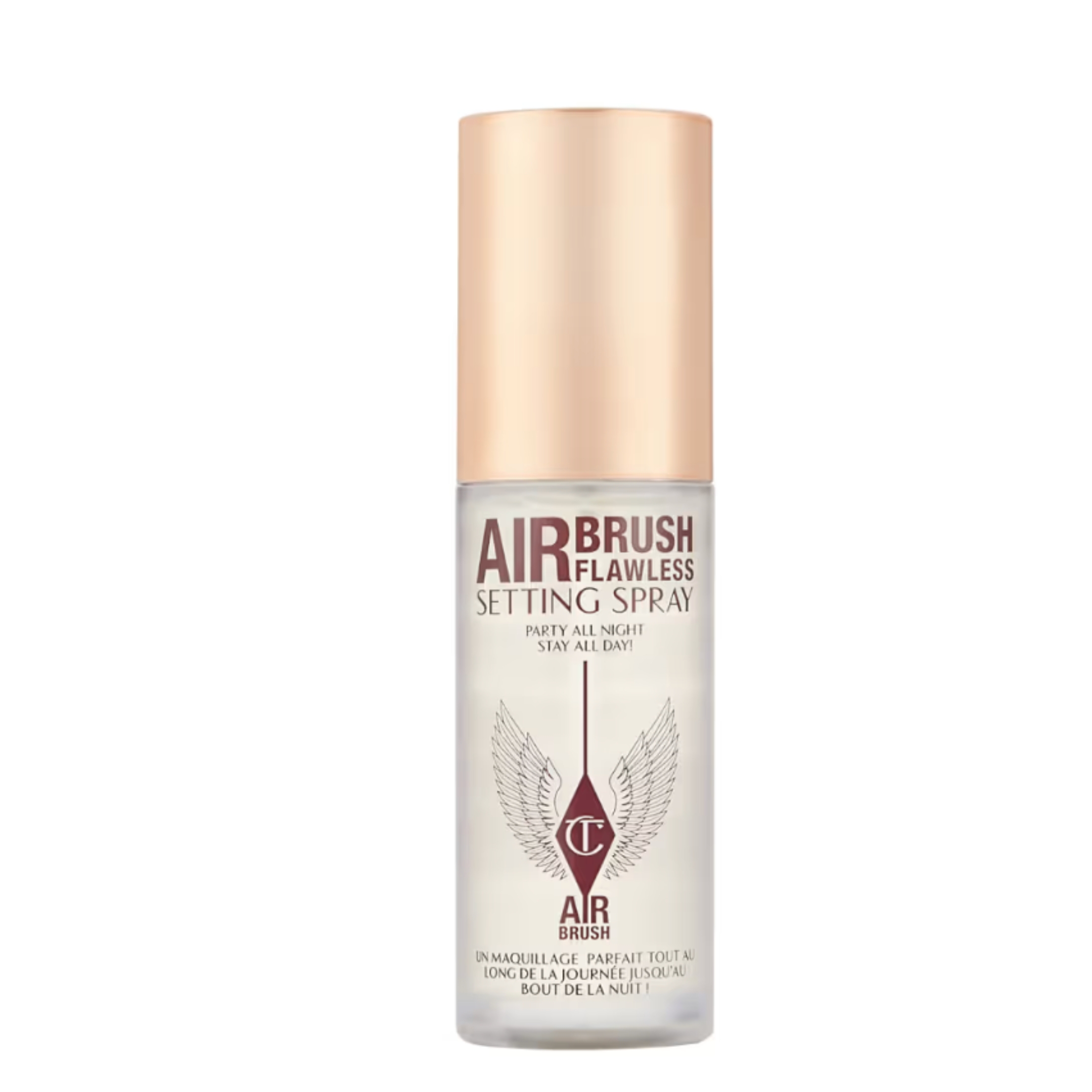 Bottle of Airbrush Flawless Setting Spray with golden  headdress  and logo, promising all-day constitution  mounting  power