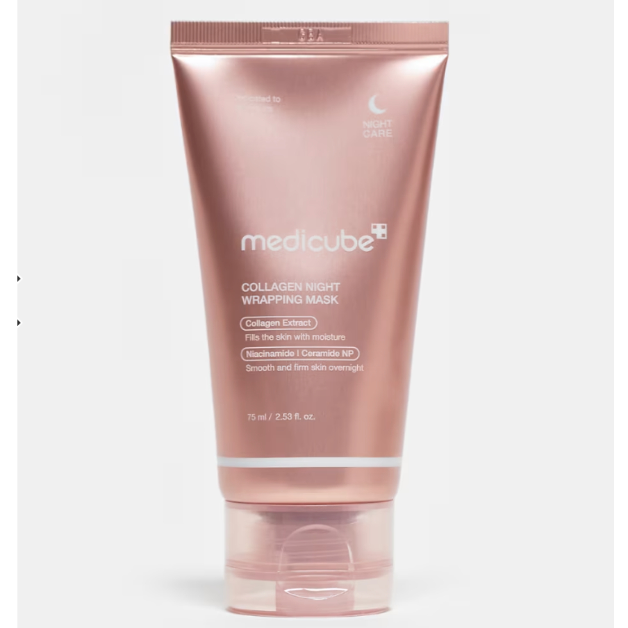 Tube of Medicube Collagen Night Wrapping Mask connected  achromatic  background, labeled with skincare benefits and ingredients similar  Niacinamide