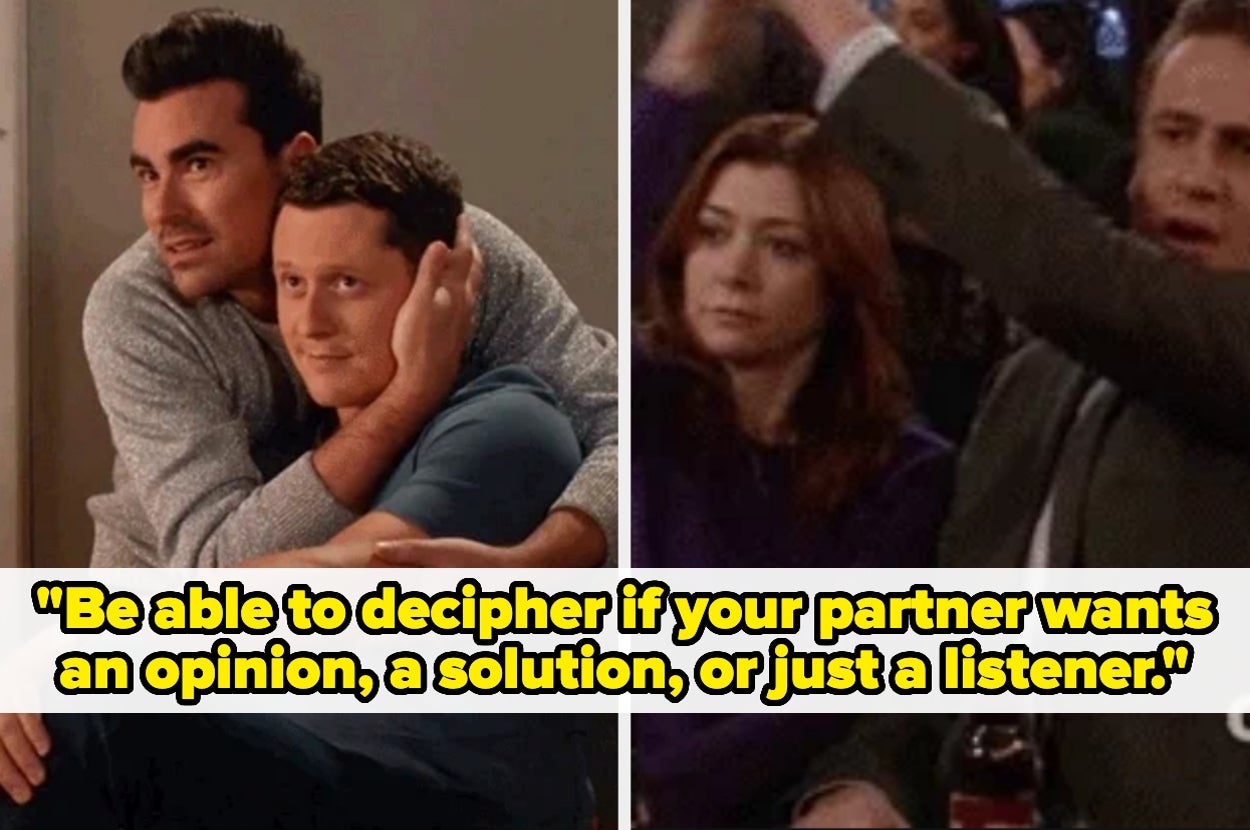 Two TV show scenes: Left shows a comforting hug; right shows a woman and man listening intently. Text advises assessing a partner's needs