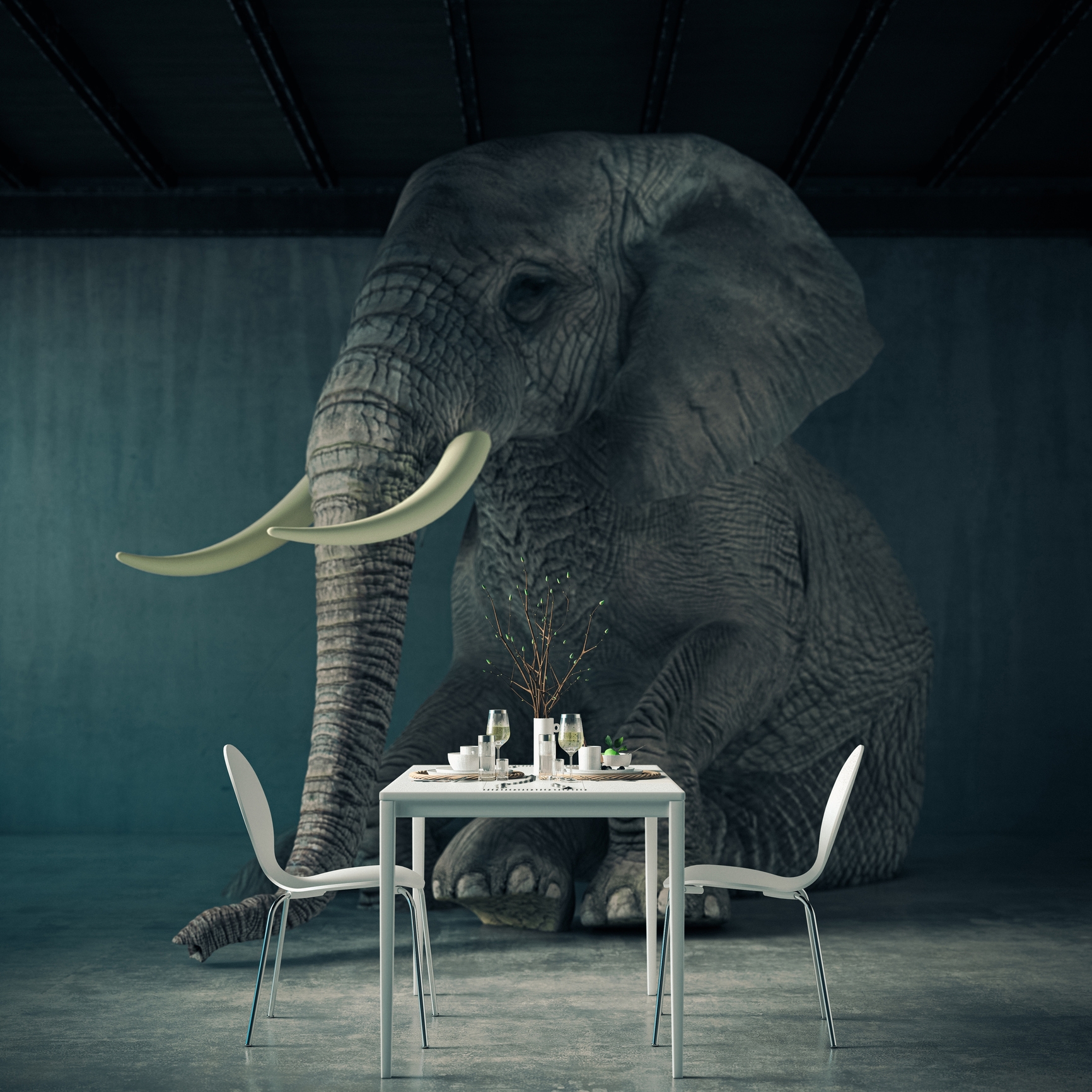 A large elephant sits in a room beside a small dining table set for two, highlighting the "elephant in the room" metaphor