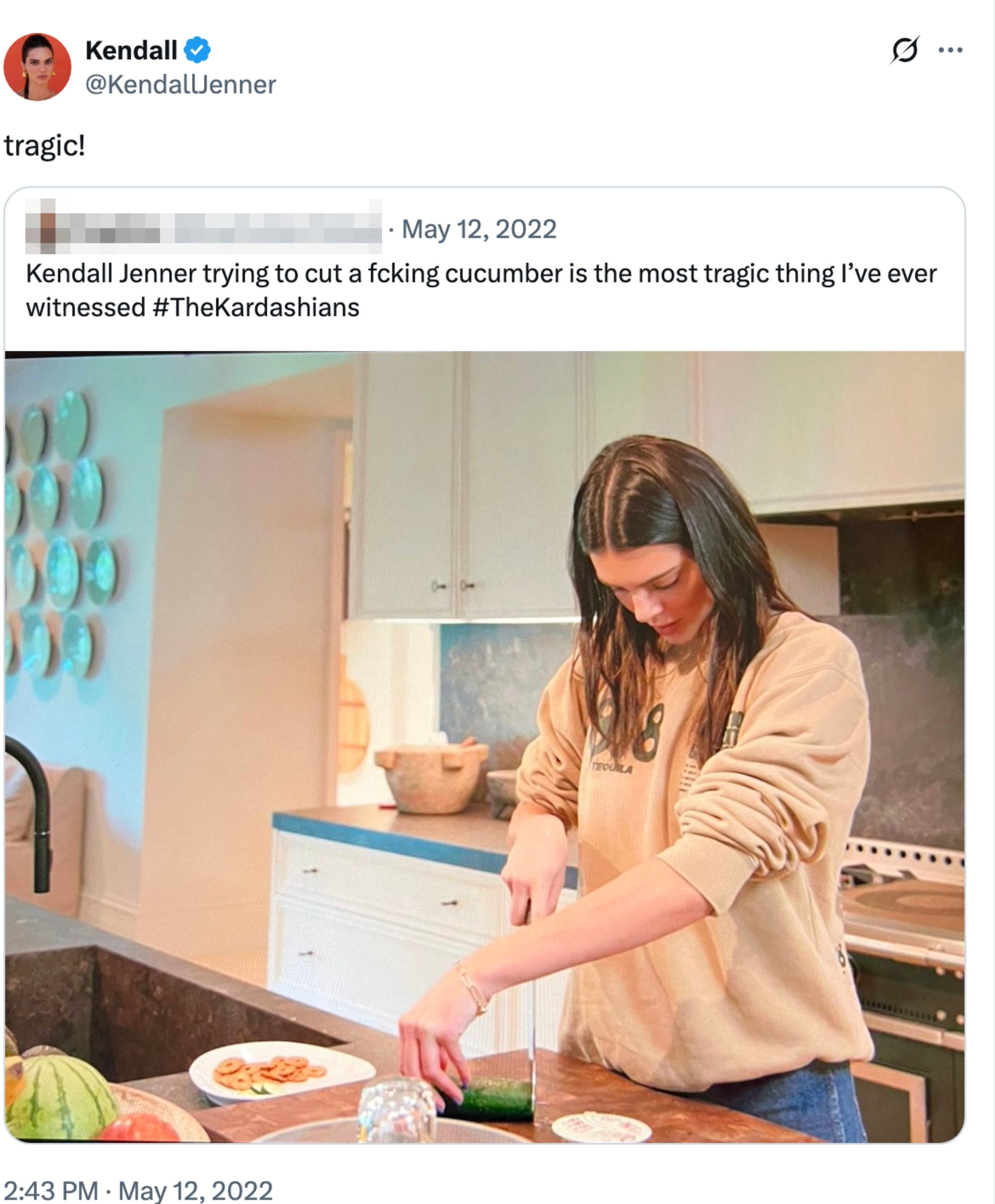 replying to a tweet calling her cucumber cutting "the most tragic thing I've ever witnessed," Kendall said, "tragic!"