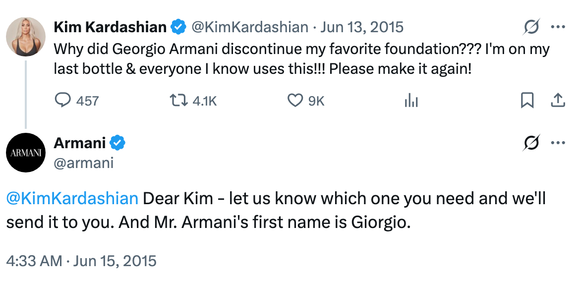 Kim asks why Giorgio Armani discontinued her favorite foundation; Armani replies offering help and notes the correct spelling of "Giorgio"