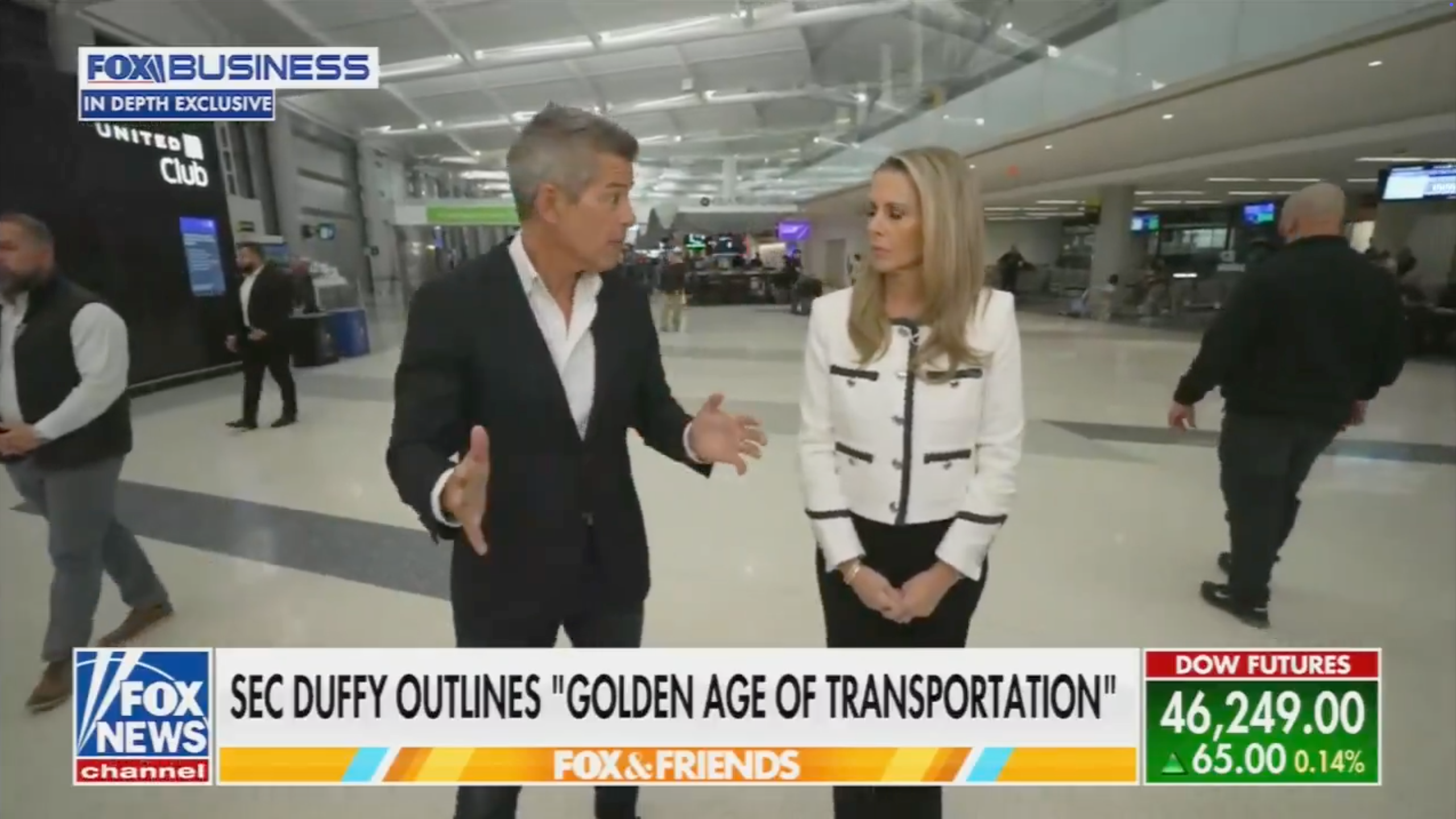  &quot;SEC Duffy outlines &#x27;Golden Age of Transportation.&#x27;&quot; Stock marketplace  ticker visible