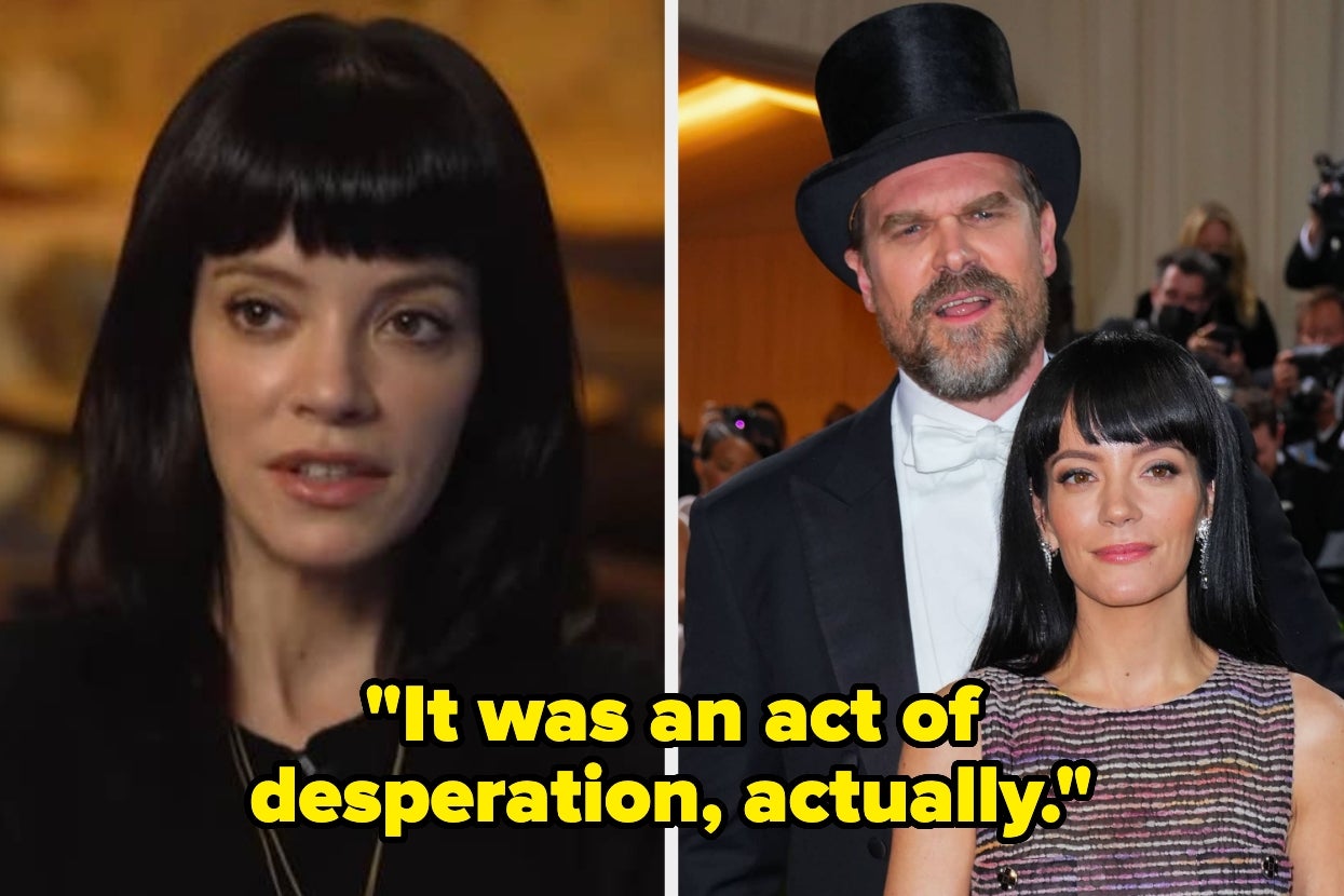 Two-image collage: Left shows a woman speaking. Right shows a woman in an elegant dress with a man in a top hat at a formal event. Caption: "It was an act of desperation, actually."