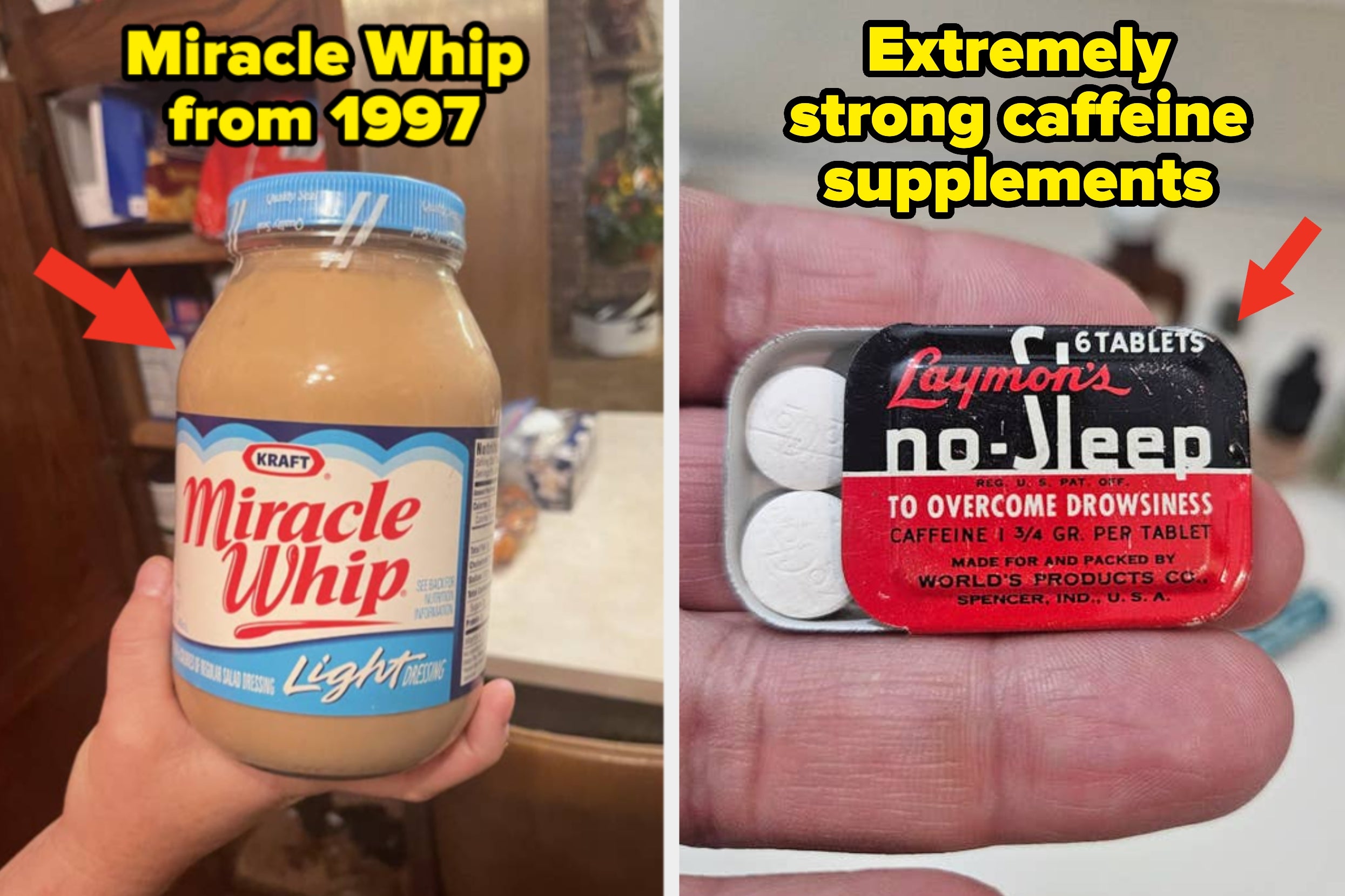 Two items: a jar of Miracle Whip from 1997 and a pack of caffeine supplements labeled "no-sleep" to combat drowsiness