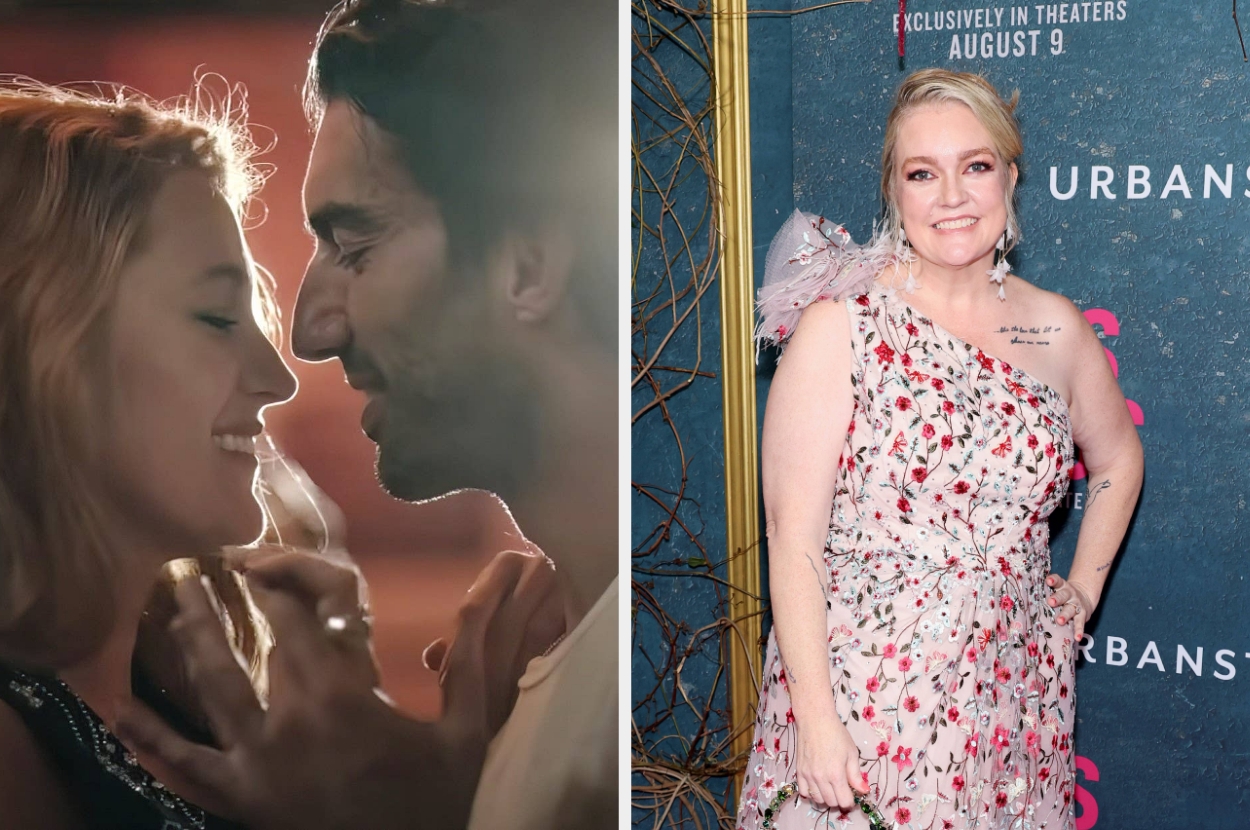 Left: Close-up of a couple smiling affectionately. Right: Woman in floral-patterned, one-shoulder dress at a formal event