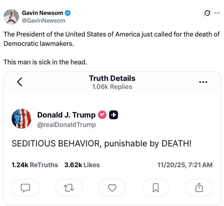 Tweet from Gavin Newsom criticizing a connection by Donald Trump calling for harsh punishment of Democratic lawmakers
