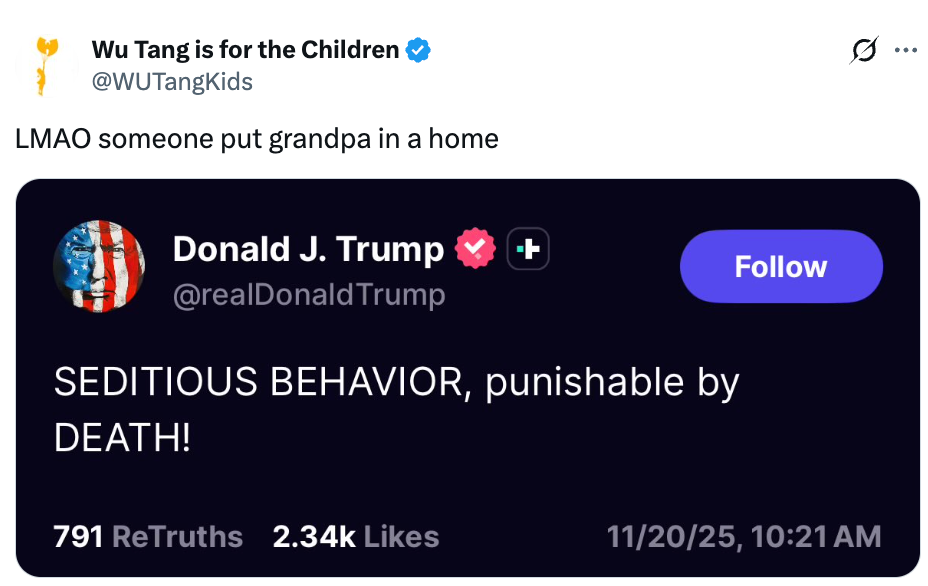 Tweet parody of a station by "Donald J. Trump," calling behaviour "SEDITIOUS" and "punishable by DEATH," with humorous reaction