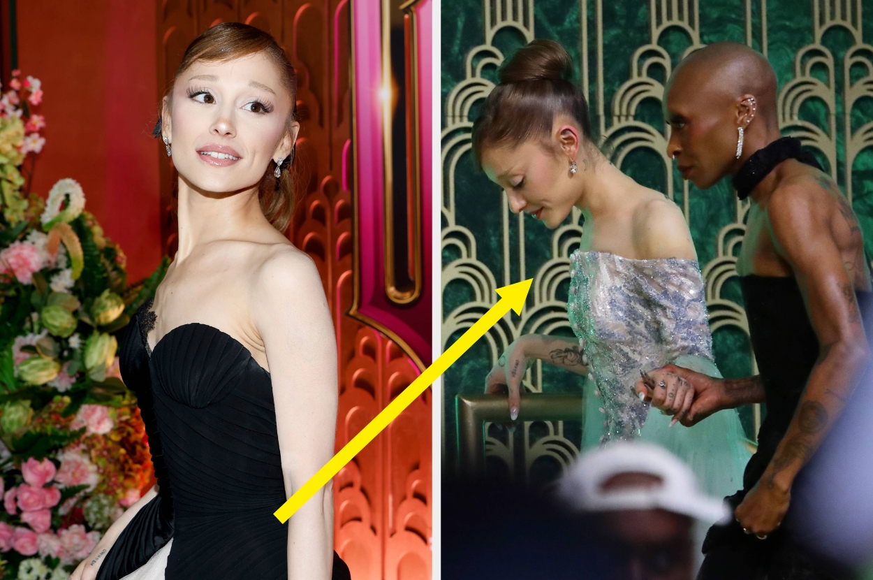 Ariana Grande in elegant strapless gown poses vs Ariana Grande being helped by Cynthia Erivo while wearing a shimmery off-the-shoulder dress