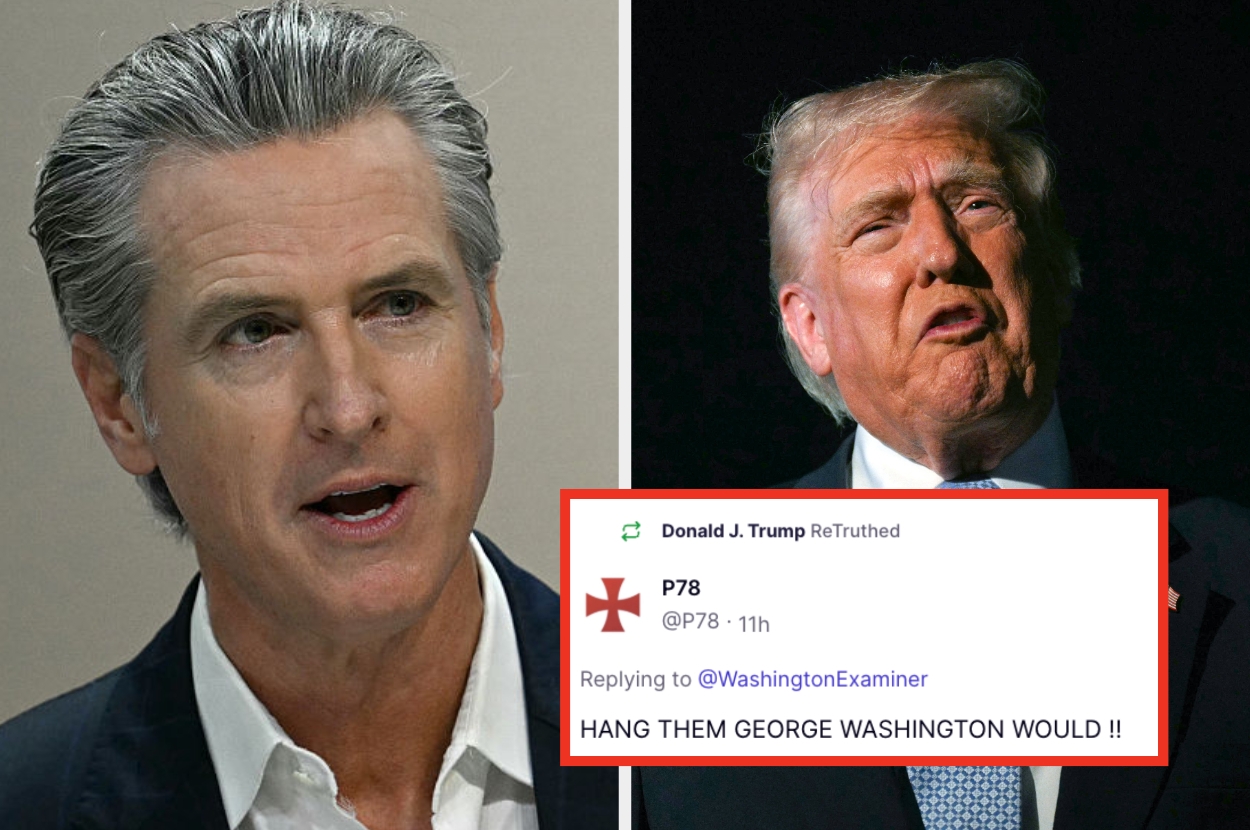 Two public figures appear side by side; a controversial social media post about hanging is overlaid