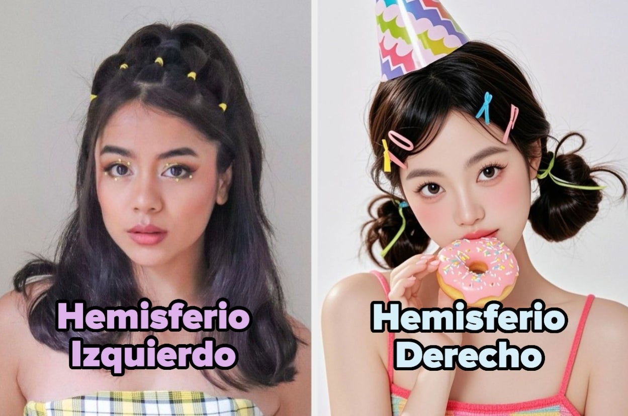 Two young women with playful hairstyles. The left has braided pigtails, the right holds a sprinkled donut and wears a party hat. Text: "Hemisferio Izquierdo/Derecho."