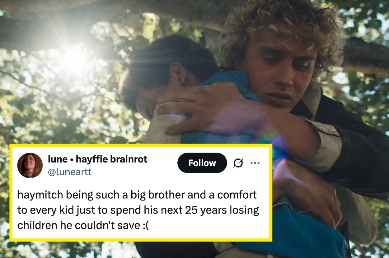 Haymitch and Ampert embrace emotionally in a wooded setting. Overlayed tweet reads: "haymitch being such a big brother and a comfort to every kid just to spend his next 25 years losing children he couldn't save :("