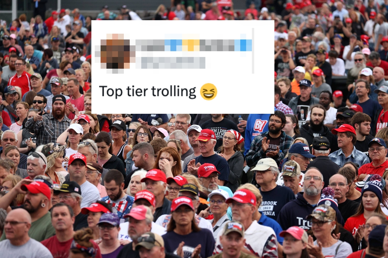 A large crowd at an outdoor event with a superimposed tweet saying "Top tier trolling" and a laughing emoji