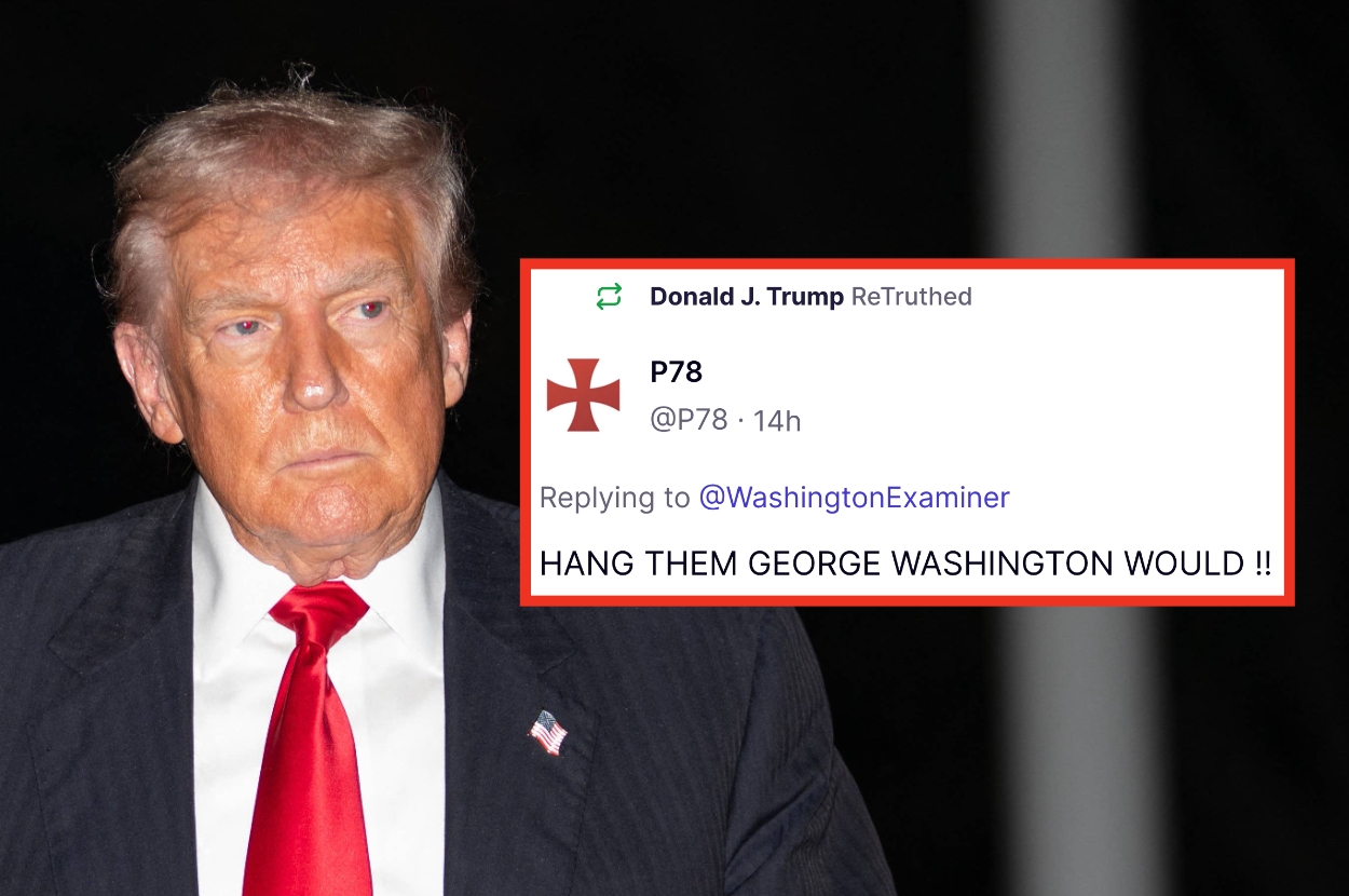 A person in a suit with a red tie next to a screenshot of a social media post mentioning George Washington