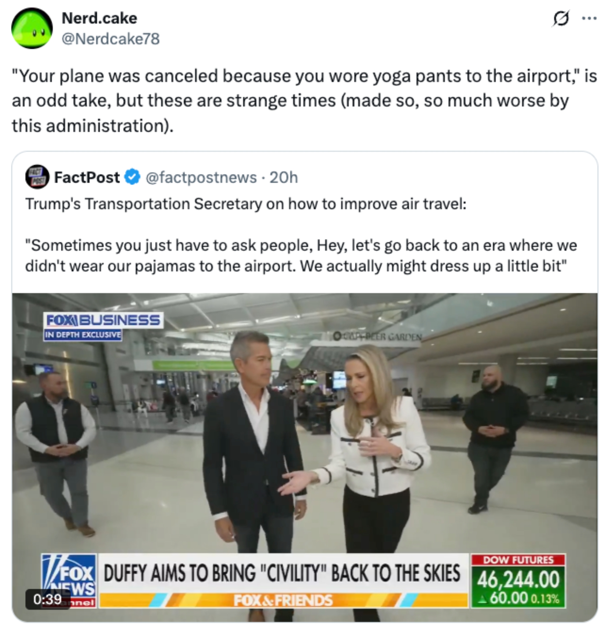 Screenshot of a tweet discussing aerial  question   attire, with quality    anchors reporting connected  airdrome  formal  codification  suggestions