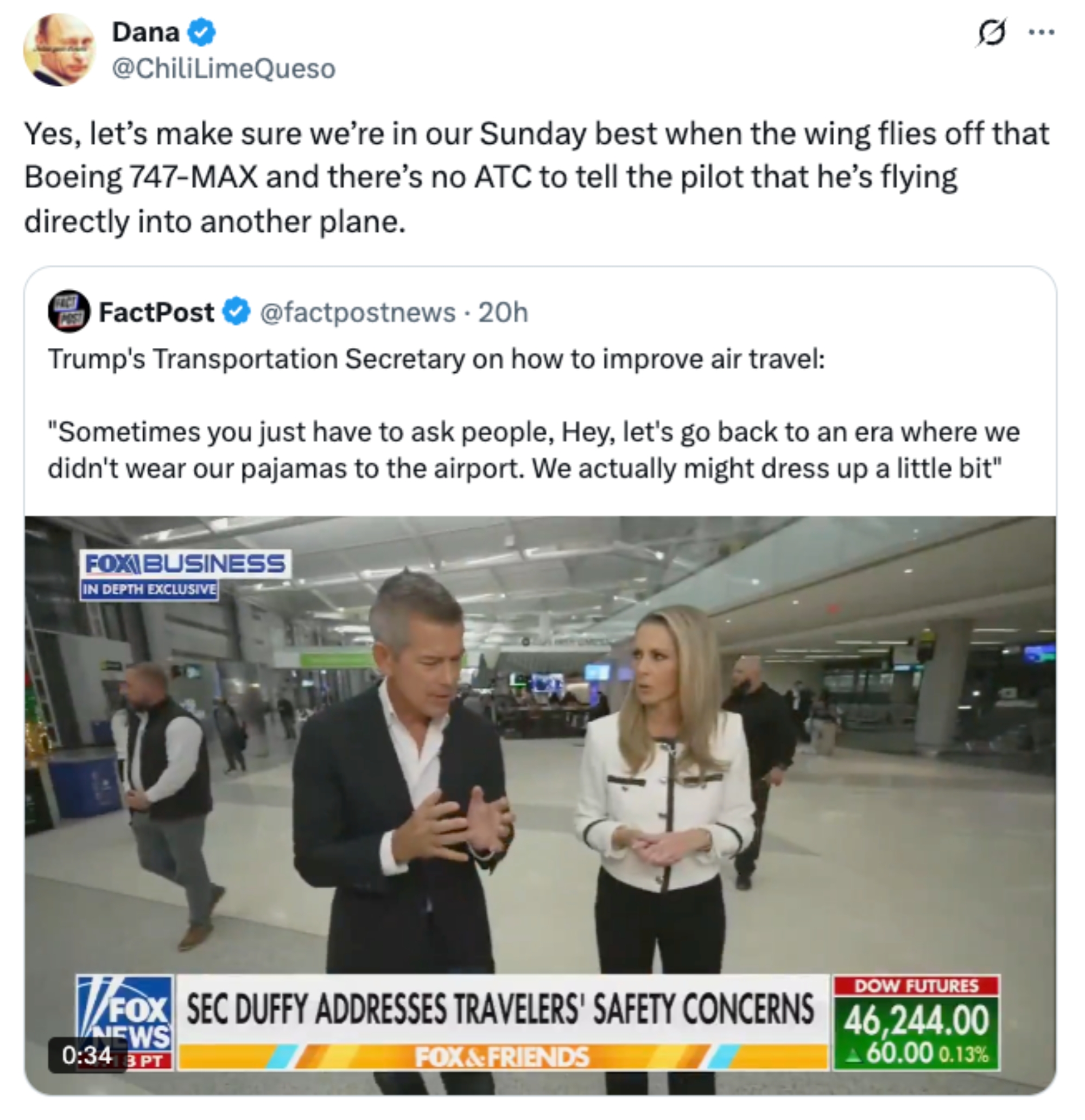 A screenshot of a tweet jokingly mentions traveling successful  pajamas connected  a plane. Below, a quality    conception   connected  aerial  question   information   is shown