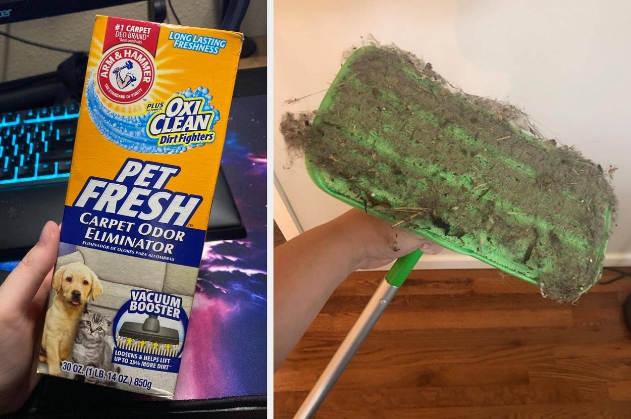Pet odor eliminator packaging next to a dust-covered mop