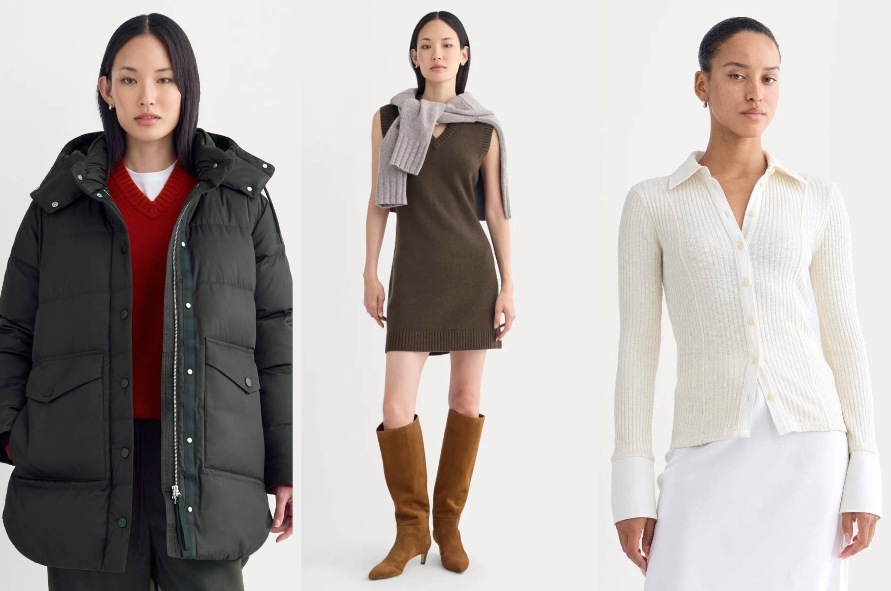 Two models wearing winter apparel: one in a collared knit sweater, the other in a casual tee with a sling bag