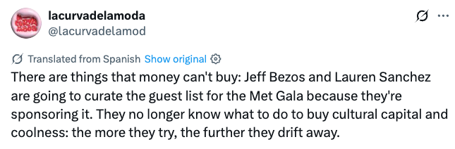 Tweet discussing Jeff Bezos and Lauren Sanchez curating the Met Gala impermanent list, questioning their transportation to taste relevance and coolness