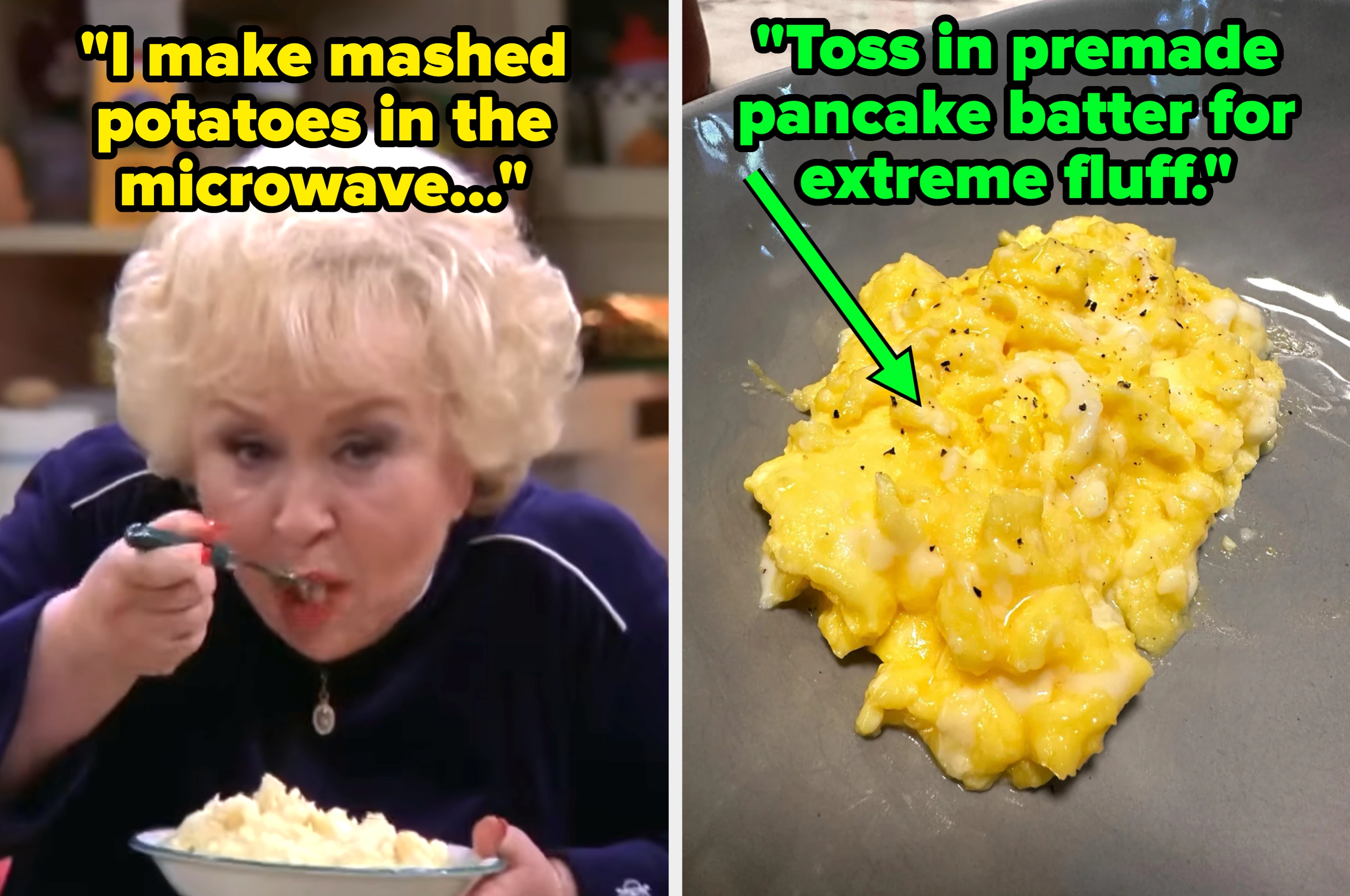 Split image: Left shows a person eating mashed potatoes. Right features scrambled eggs with text advising to add pancake batter for fluffiness