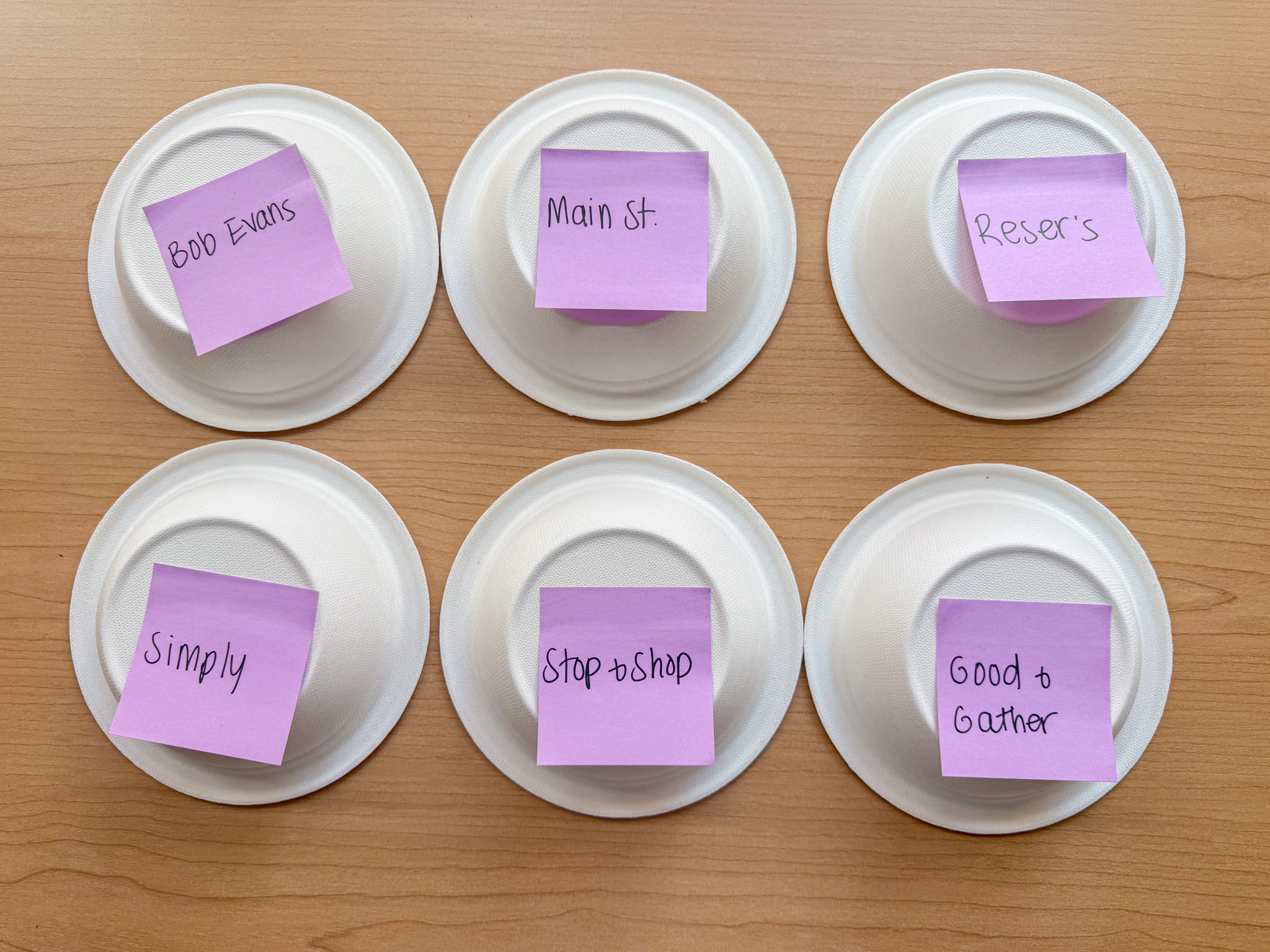 Six upside-down bowls with sticky notes labeled: Bob Evans, Main St., Reser&#x27;s, Simply, Stop &amp;amp; Shop, Good &amp;amp; Gather