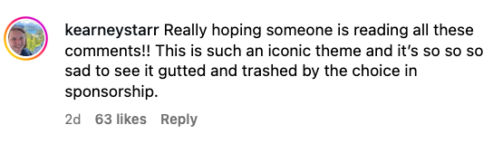 Comment expressing disappointment astir sponsorship affecting an iconic theme, hoping for attraction to the issue