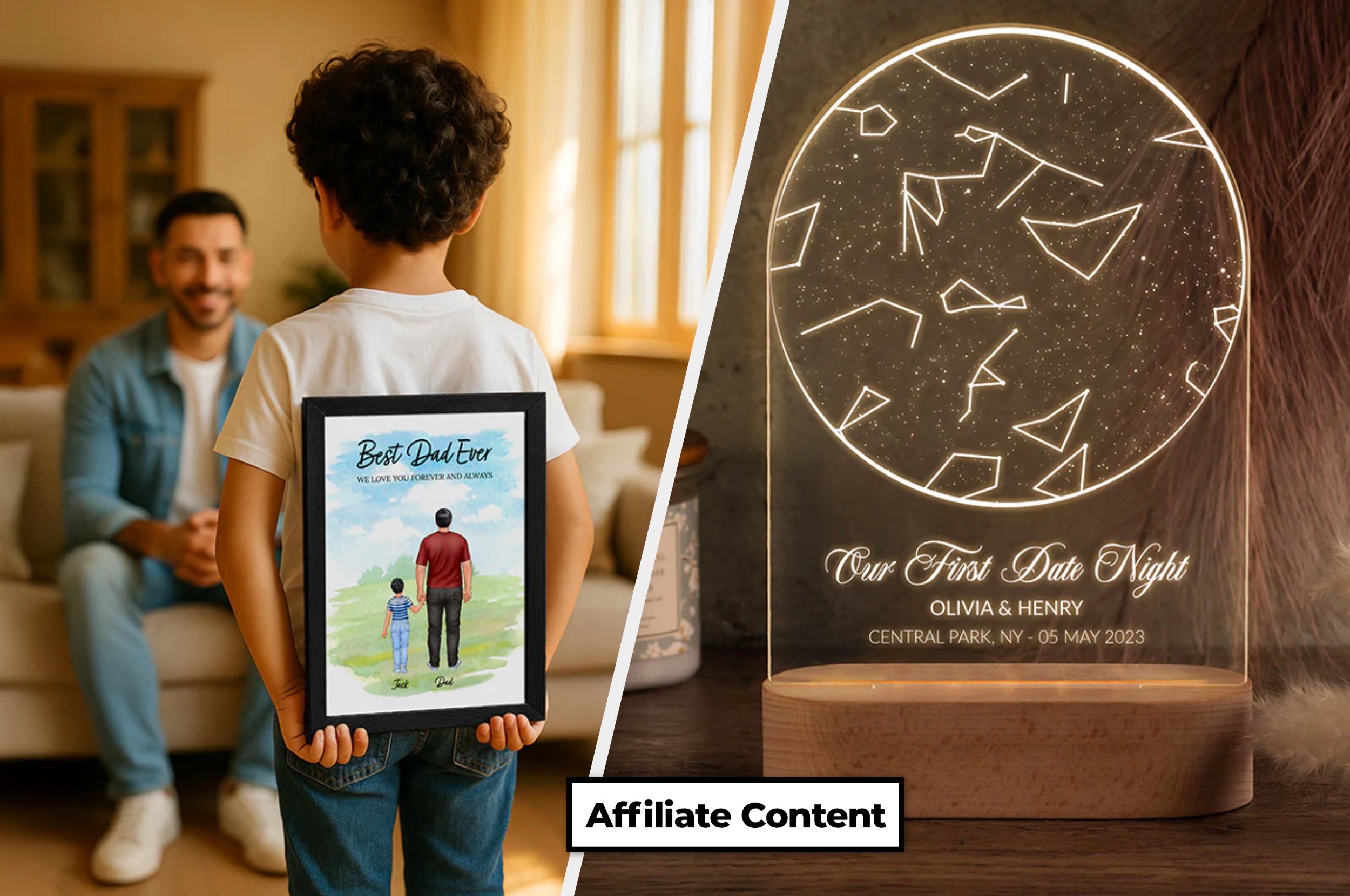 Child holds "Best Dad Ever" picture for dad; right shows personalized date night light